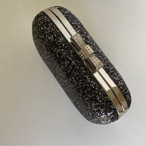 INC Sparkling Glitter Black Evie Clutch with Rhinestone Bow